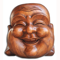 Happy Buddha Head, Hand Carved From Suar Wood