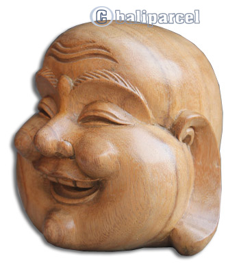 Happy Buddha Head, Hand Carved From Suar Wood