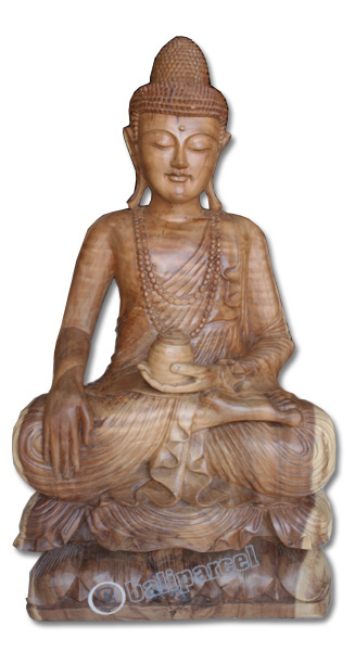 Wooden Buddha Statue, Hand Carved From Suar Wood With Natural Polished
