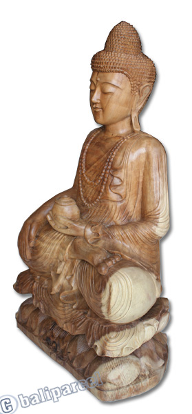Wooden Buddha Statue, Hand Carved From Suar Wood With Natural Polished