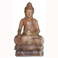 Wooden Buddha Statue, Hand Carved From Suar Wood With Natural Polished