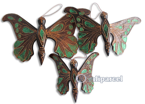 Wooden Wallhanging Butterfly With Painted, Set Of 3 From Albesia Wood