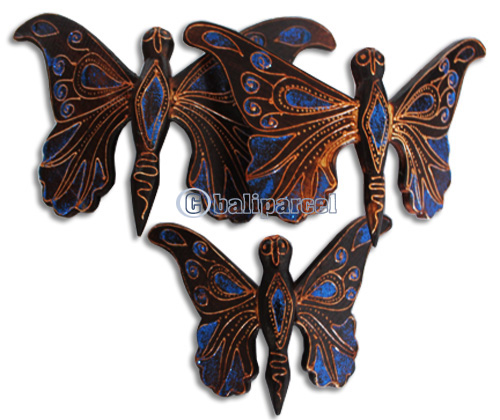Wooden Wallhanging Butterfly With Painted, Set Of 3 From Albesia Wood
