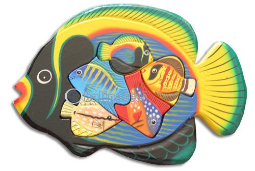 Wooden Painted Fish Puzzle With 5 Small Fish Hand Carved From Albesia Wood