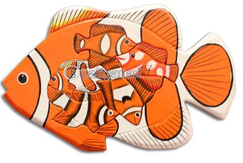 Wooden Painted Fish Puzzle With 5 Small Fish Hand Carved From Albesia Wood