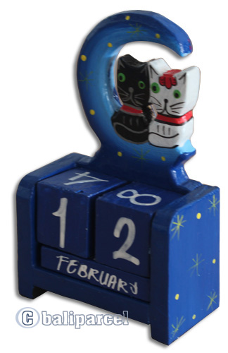 Wooden Calendar With Moon And Cat, Hadmade From Albesia Wood