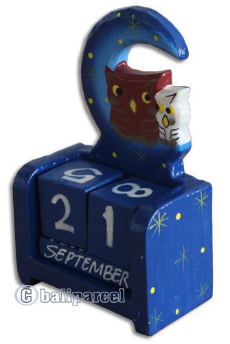 Wooden Calendar With Moon And Owl, Hadmade From Albesia Wood