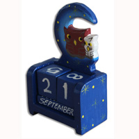 Wooden Calendar With Moon And Owl, Hadmade From Albesia Wood