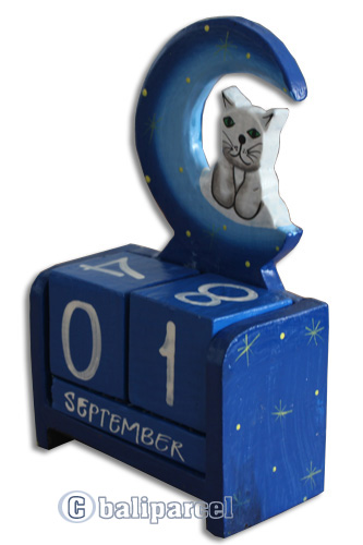 Wooden Calendar With Moon And Cat, Hadmade From Albesia Wood