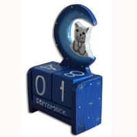 Wooden Calendar With Moon And Cat, Hadmade From Albesia Wood