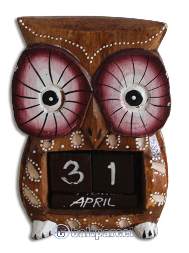Wooden Calendar With Owl, Hadmade From Albesia Wood