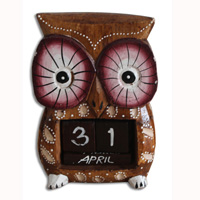 Wooden Calendar With Owl, Hadmade From Albesia Wood