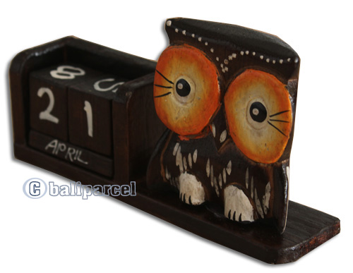 Wooden Calendar With Owl, Hadmade From Albesia Wood