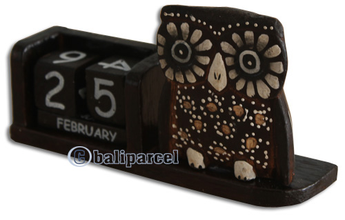 Wooden Calendar With Owl, Hadmade From Albesia Wood