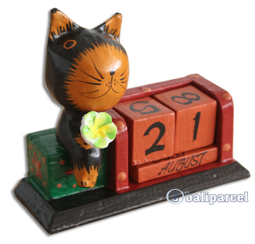 Wooden Calendar With Cat, Hadmade From Albesia Wood