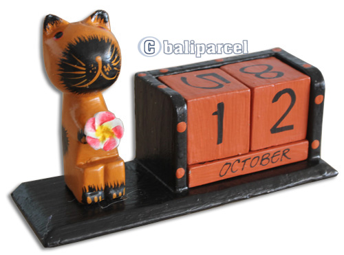 Wooden Calendar With Cat, Hadmade From Albesia Wood