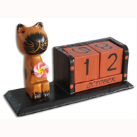 Wooden Calendar With Cat, Hadmade From Albesia Wood