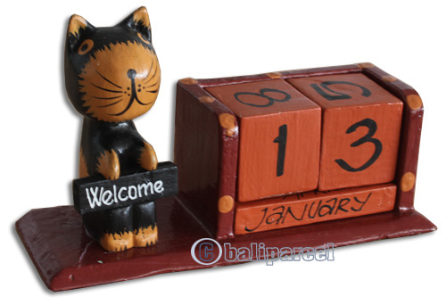 Wooden Calendar With Cat, Hadmade From Albesia Wood
