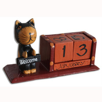 Wooden Calendar With Cat, Hadmade From Albesia Wood