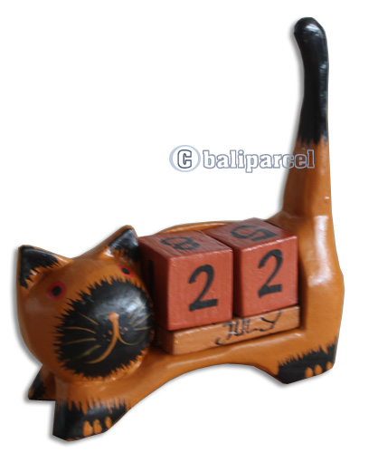 Wooden Calendar With Cat, Hadmade From Albesia Wood