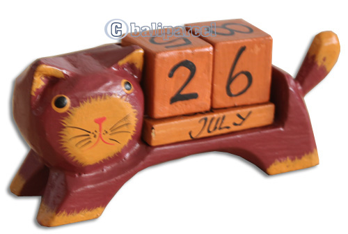 Wooden Calendar With Cat, Hadmade From Albesia Wood
