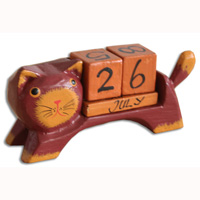 Wooden Calendar With Cat, Hadmade From Albesia Wood