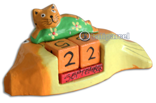 Wooden Calendar With Cat, Hadmade From Albesia Wood