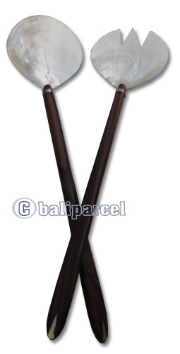 Wooden Service Set Fork And Spoon With Shell, Hand Carved From Sono Wood
