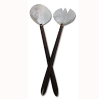 Wooden Service Set Fork And Spoon With Shell, Hand Carved From Sono Wood