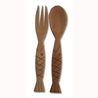 Wooden Service Set Fork And Spoon, Hand Carved From Saba Wood
