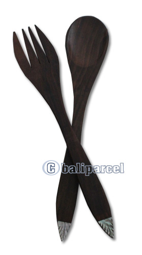 Wooden Service Set Fork And Spoon With Shell, Hand Carved From Sono Wood