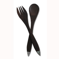Wooden Service Set Fork And Spoon With Shell, Hand Carved From Sono Wood