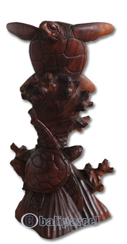 Wooden 2 Turtle, Hand Carved From Suar Wood With Brown Polished