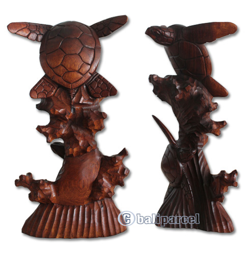 Wooden 2 Turtle, Hand Carved From Suar Wood With Brown Polished