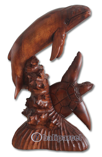 Wooden Turtle With Whale, Hand Carved From Suar Wood With Brown Polished