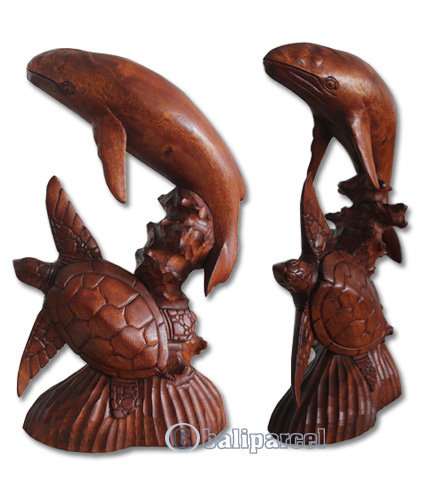 Wooden Turtle With Whale, Hand Carved From Suar Wood With Brown Polished