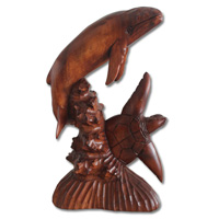 Wooden Turtle With Whale, Hand Carved From Suar Wood With Brown Polished