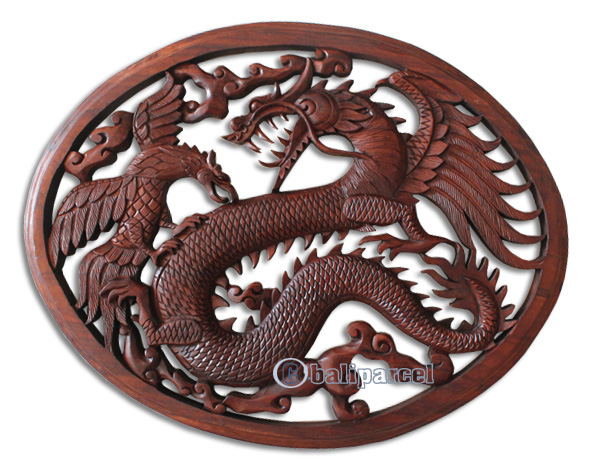 Wooden Dragon With Bird Wallhanging, Hand Carved From Suar Wood Brown Polished