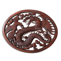 Wooden Dragon With Bird Wallhanging, Hand Carved From Suar Wood Brown Polished