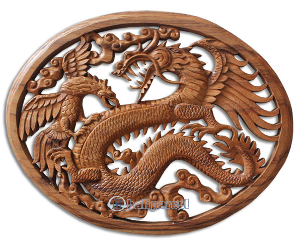 Wooden Dragon With Bird Wallhanging, Hand Carved From Suar Wood Natural Polished