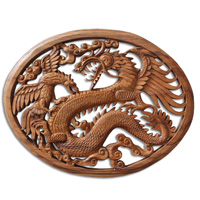 Wooden Dragon With Bird Wallhanging, Hand Carved From Suar Wood Natural Polished