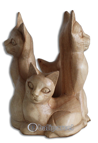 Wooden 4 Cat, Hand Carved From Hibiscus Wood With Natural Polished