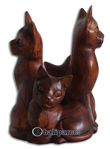 Wooden  4 Cat, Hand Carved From Hibiscus Wood With Brown Polished