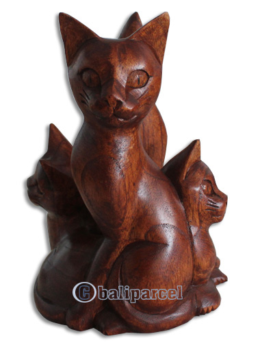 Wooden  4 Cat, Hand Carved From Hibiscus Wood With Brown Polished