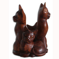 Wooden  4 Cat, Hand Carved From Hibiscus Wood With Brown Polished