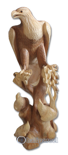 Wooden  Eagles With 3 Babies, Hand Carved From Suar Wood Natural Polished