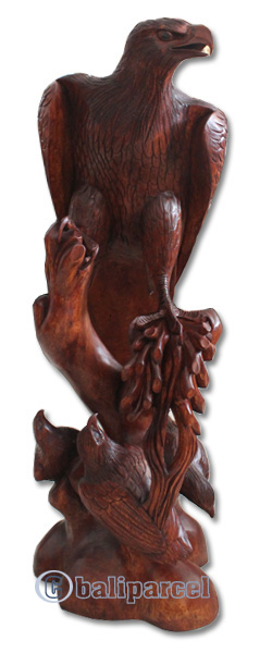 Wooden  Eagles With 3 Babies, Hand Carved From Suar Wood Brown Polished