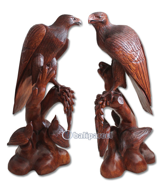 Wooden  Eagles With 3 Babies, Hand Carved From Suar Wood Brown Polished