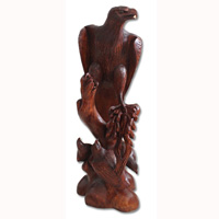 Wooden  Eagles With 3 Babies, Hand Carved From Suar Wood Brown Polished