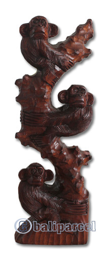 Wooden 3 Monkey, Hand Carved From Suar Wood With Brown Polished
